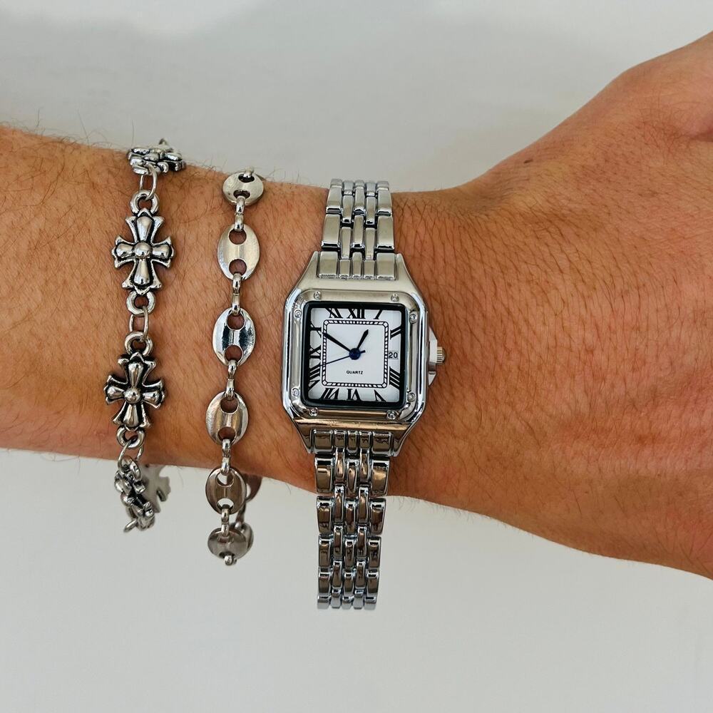 Retro White Square Face Quartz Watch Unisex Stainless Steel 8.5" New